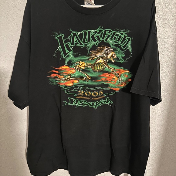 VTG Laughlin Nevada 2005 Green Flames Skeleton Motorcycle T Shirt Size XXL - Picture 2 of 4